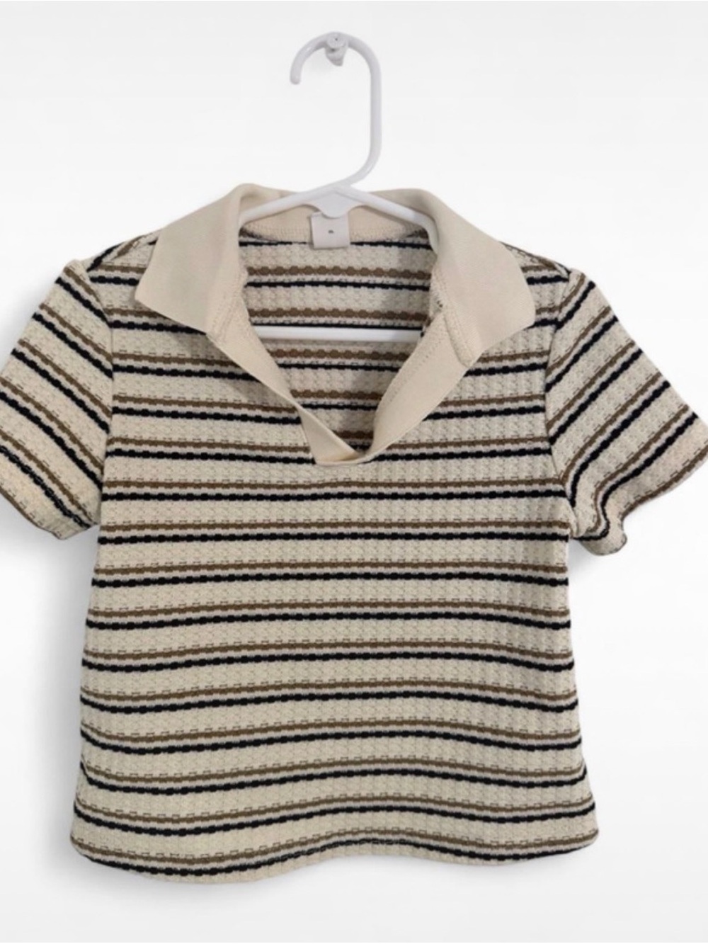 Cream and Black Striped Knit Polo Tee - Kids